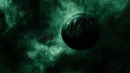 Wall Mural - Glowing green nebula surrounds a dark planet in space