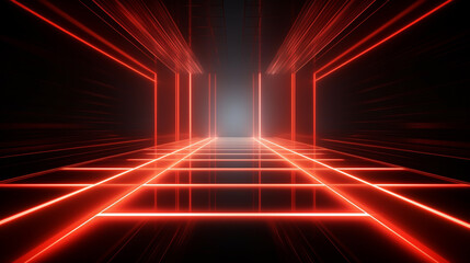 Wall Mural - Bright red neon laser lights illuminate the darkness creating lines and triangle shapes in sci-fi effect.