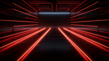 Wall Mural - Bright red neon laser lights illuminate the darkness creating lines and triangle shapes in sci-fi effect.
