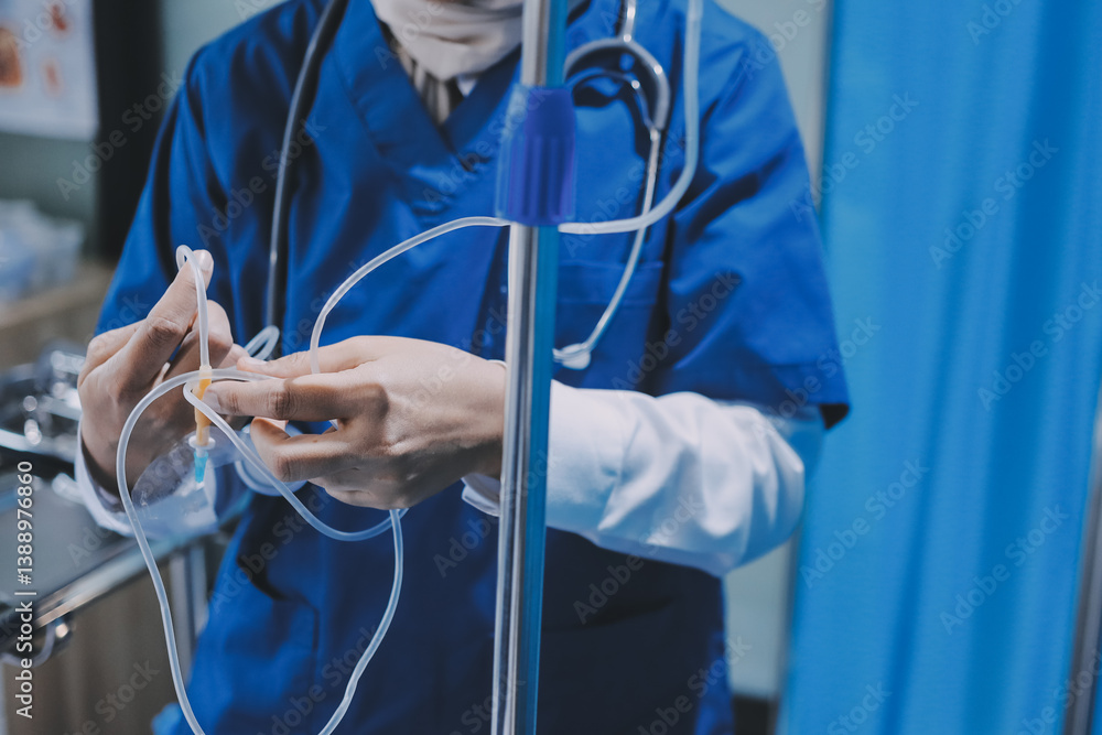 Foto A nurse with IV drip and patient in bed in hospital room. do Stock ...