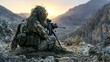 © สมเจตน์ หนูแก้ว - Military sniper in camouflage mountain range action scene sunset side view tactical preparedness