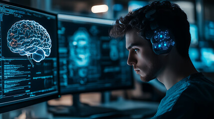 Wall Mural - a cybernetic designer creating brain machine interfaces for neurological rehabilitation, lab with br
