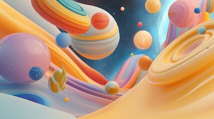 whimsical celestial landscape with pastel planets and dreamy space backdrop