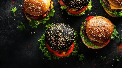 Poster - Assorted colorful burgers with unique buns and fresh toppings under ambient lighting