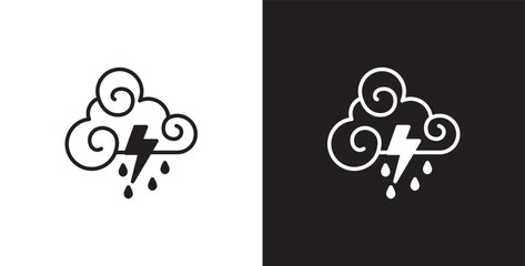 Cloud and thunderstorm icon. Flat icon of thunderstorm and cloud with depicting thunderstorm weather. Cloud vector illustration icon in transparent and black background.