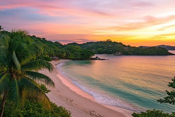 Poster - Vibrant tropical beach at sunset with turquoise waters and golden sand surrounded by palm trees in a tranquil paradise
