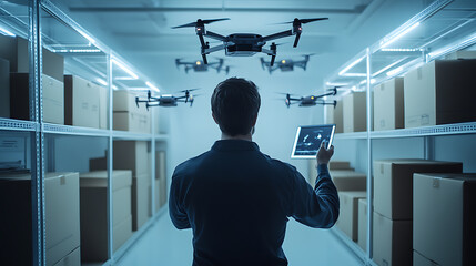 Wall Mural - a drone developer designing delivery drones for e commerce logistics, tech lab with drone prototypes