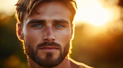 Wall Mural - a striking portrait of a handsome man with captivating blue eyes. natural sunlight enhances his feat