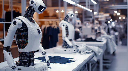 Wall Mural - a futuristic ai powered automated fashion design studio, robotic arms cutting and assembling smart f