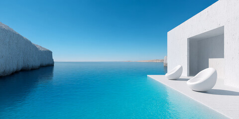 Fototapete - Sleek white seating by the tranquil blue waters of a coastal retreat in bright sunlight