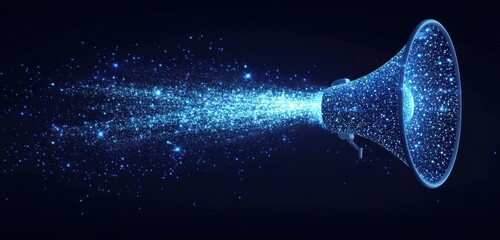 Wall Mural - digital megaphone emitting a stream of glowing blue particles