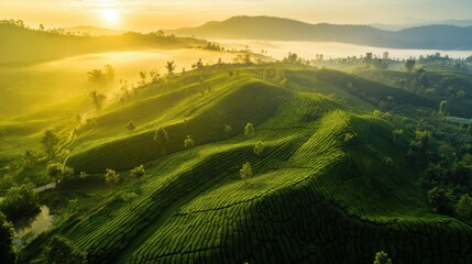 Aufkleber - Stunning aerial view of lush green tea plantations under golden sunrise with soft morning mist creating a tranquil landscape