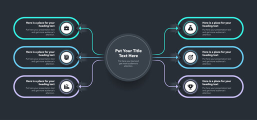 Aufkleber - Flowchart infographic with central circle and six options - dark version. Flat chart design with thin lines for website or data presentation.