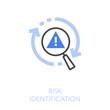 © tomasknopp - Simple visualised risk identification icon symbol with process arrows and a reviewing magnifying glass with a warning symbol.