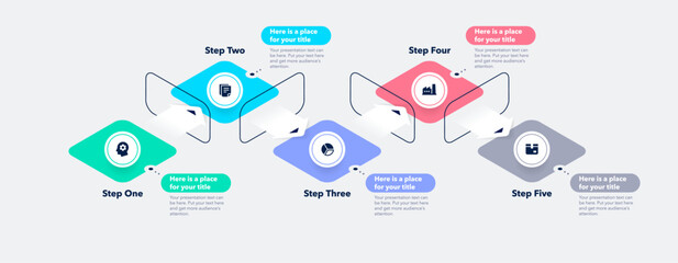 Fototapete - Modern infographic process digram with five steps. Isometric chart design for workflow layout, banner, web design.