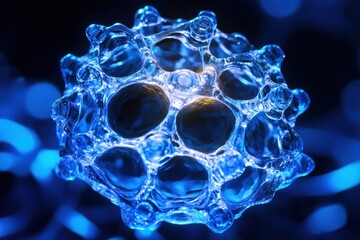 Aufkleber - Stunning 3D rendering of a virus particle shows intricate protein lattice and bioluminescent glow in microscopic fluid setting