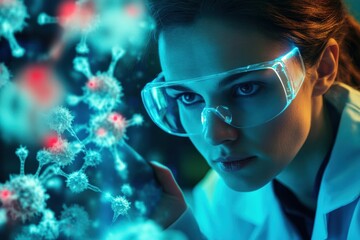 Poster - Scientist examines three-dimensional virus model with holographic projections in an advanced virology lab