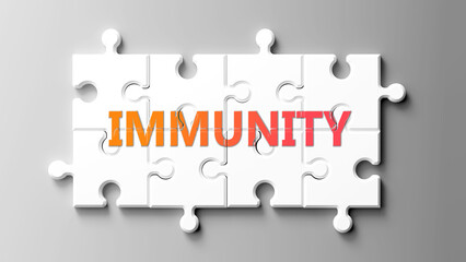 Leinwandbilder - Immunity complex like a puzzle - pictured as word immunity on a puzzle pieces to show that immunity is complex and needs cooperating pieces that fit together. ,3d illustration