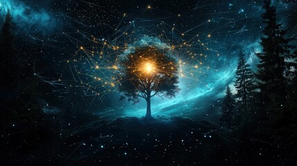 Wall Mural - a tree is lit up in a dark sky with stars