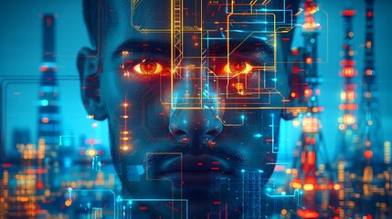 Futuristic Man's Face Overlaid with Digital Circuitry and Cityscape at Night