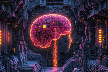 Poster - A digital brain, circuit-like structure, neon glow, futuristic tech, AI concept.