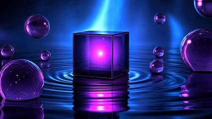 Wall Mural - Glowing cube floats in purple liquid, surrounded by spheres and light streaks