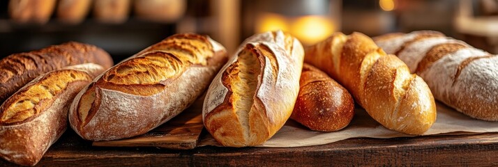 Poster - Freshly baked golden-brown bread and pastries on a rustic wooden table in a cozy cafe with warm ambient lighting