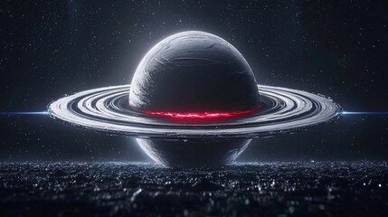Wall Mural - Ringed planet with red glow above a fragmented surface. Stars in background