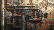 © Thiago - A weathered brick wall, adorned with a tapestry of aged pipes and fittings, whispering tales of a forgotten industrial past. Forgotten Tapestry. Illustration