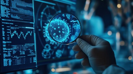 Aufkleber - Scientist examining a holographic virus structure in a high-tech lab with advanced computer screens displaying molecular data
