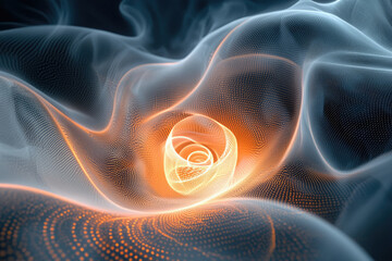 Poster - Abstract digital art depicting glowing orange energy within a flowing, dark grey, particle-based fabric.