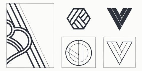 Minimalist Geometric Logo Designs Vector Set Abstract Graphic Shapes Lines Outlines V Letter Hexagon Circle Square Modern Brand Identity Design Elements