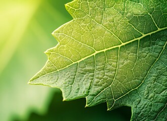 close-up of a green grape leaf with visible veins on a blurred background, captured through macro ph