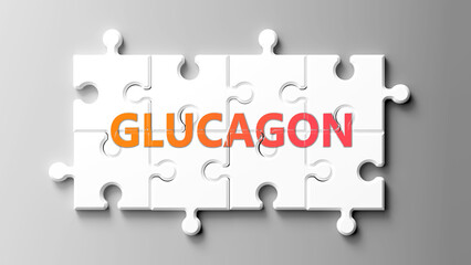 Leinwandbilder - Glucagon complex like a puzzle - pictured as word glucagon on a puzzle pieces to show that glucagon is complex and needs cooperating pieces that fit together. ,3d illustration