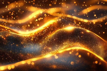 Poster - Golden particles forming dynamic waves, creating a luxurious and abstract background.