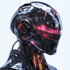 Fototapete - Cybernetic Vision: A Close-Up of a Futuristic Android with Striking Pink and Orange Lights
