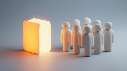 Aufkleber - glowing book icon illuminates group of stylized figures, symbolizing knowledge and community. scene is minimalistic and modern, with soft color palette