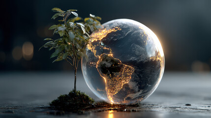 Aufkleber - glowing earth globe with illuminated continents stands beside young tree sprouting from small patch of soil, symbolizing growth and sustainability