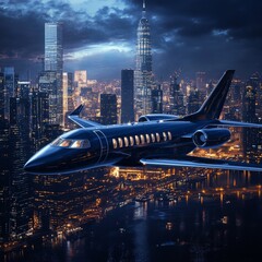 Poster - Private Jet Soaring Above City at Night: A Stunning View of Urban Lights and Modern Aviation 