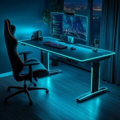 Poster - Sleek and Modern Gaming Setup with LED Lighting, Ergonomic Chair, and a Stunning City View at Night: the Ultimate Workspace