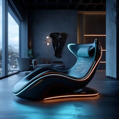 Fototapete - Sleek Futuristic Lounge Chair with Ambient Lighting in a Modern Interior Design Setting, Stylish and Comfortable.