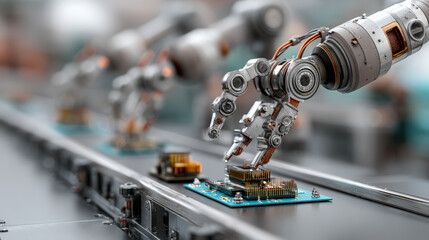 Leinwandbilder - Robotic arms on assembly line are precisely assembling electronic components on circuit boards, showcasing advanced technology and automation in manufacturing