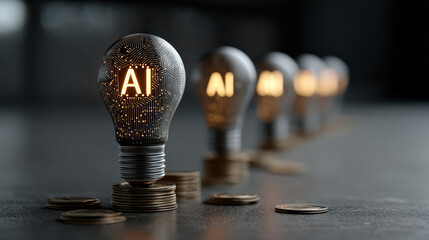 Leinwandbilder - row of glowing lightbulbs with AI symbols is placed on stacks of coins, symbolizing intersection of technology and finance. image conveys innovation and economic growth
