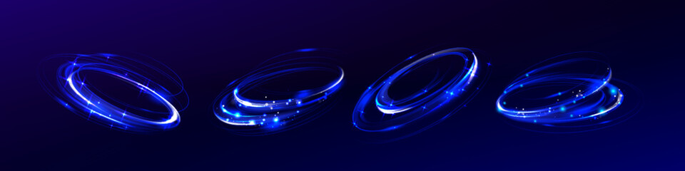 Wall Mural - glowing blue vortex spiral lines set - neon light swirl trails. energy plasma circles with lens flar