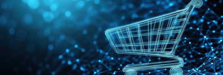 Aufkleber - Sleek and minimalistic shopping cart icon with glowing digital lines on deep blue gradient background showcasing a futuristic e-commerce concept