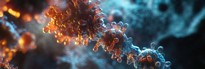 Leinwandbilder - Virus particle representation showcasing intricate protein lattice and bioluminescent glow in 3D molecular detail with stunning depth and clarity