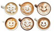 © PNGuin Studio - Set of coffee cups with smiling foam art faces, isolated on transparent cutout background
