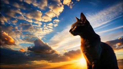 Wall Mural - silhouette of a feline companion gazing at a vibrant sunset, a majestic display of colorful clouds a
