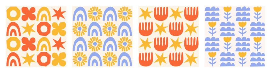 Fototapete - Geometric set seamless patterns with hand drawn shapes on a beige background. Simple groovy modern design. Red, blue and yellow colors. Vector illustration
