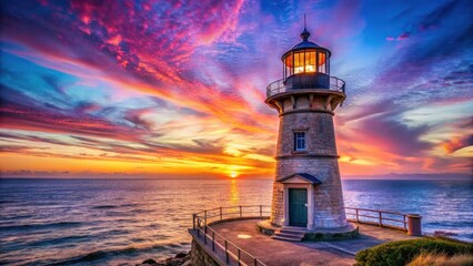 Wall Mural - serene seascape a stone lighthouse stands sentinel at sunset, bathed in vivid hues of orange, pink, 